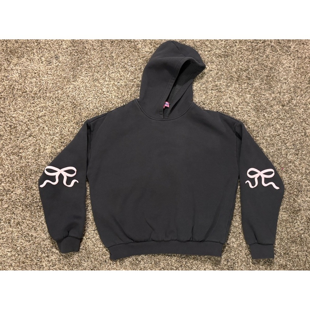Edikted Bonney Bow Oversized Pullover Hoodie Grey Pink Detail Women’s Size M